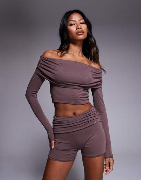 Bo+Tee fold over mini shorts co-ord in taupe - view 1