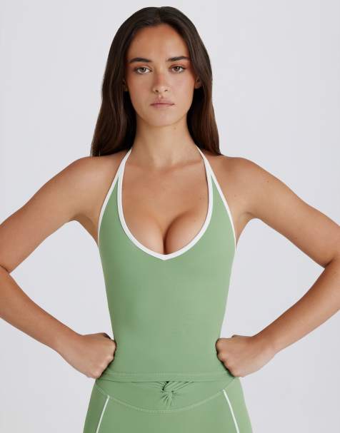 Bo+Tee halterneck contrast trim crop top in green - part of a set - view 1