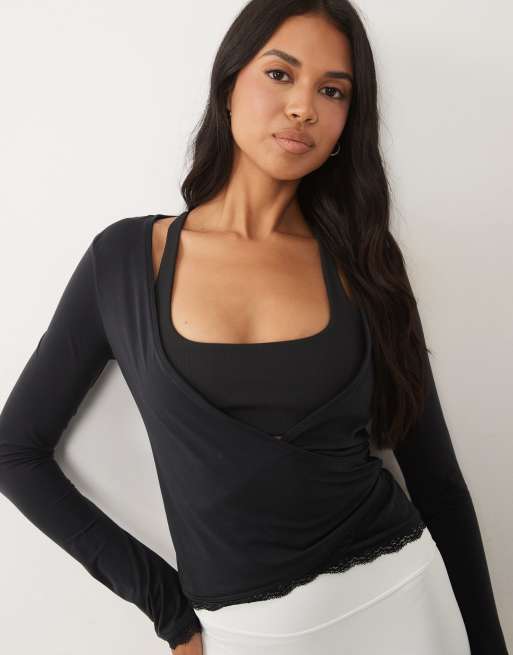 Bo+Tee long sleeve wrap top in black , 3 of 4