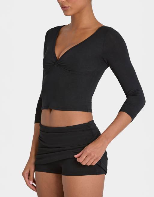Bo+Tee modal foldover mini skort in black, 3 of 5