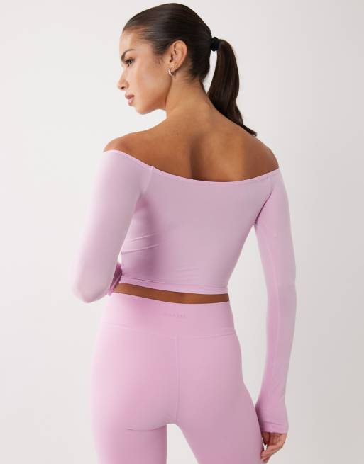 Bo+Tee off shoulder long sleeve sheer top in pink , 4 of 4