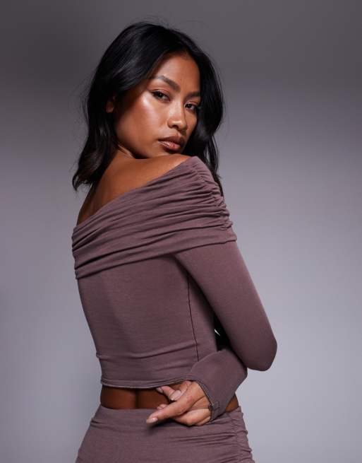 Bo+Tee off shoulder long sleeve top co-ord in taupe, 2 of 4