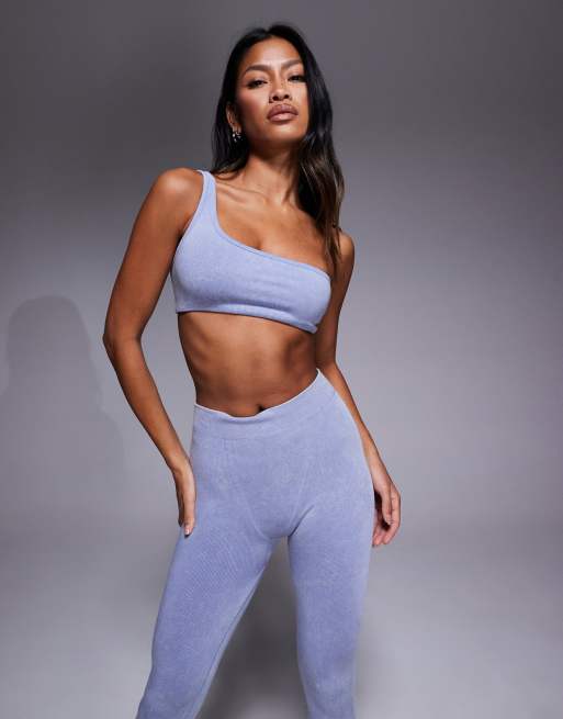 Bo+Tee one shoulder sports bra co-ord in washed blue, 4 of 4