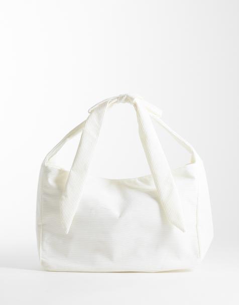 Bo+Tee ribbed tie bow detail oversized shoulder bag in cream - view 1