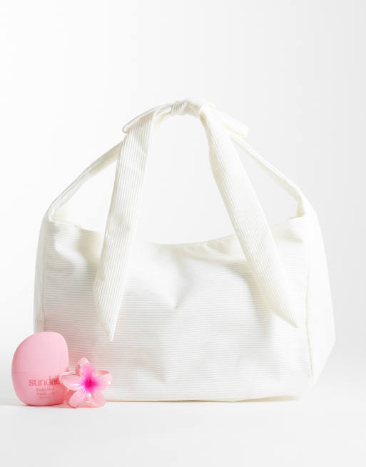 Bo+Tee ribbed tie bow detail oversized shoulder bag in cream, 2 of 4