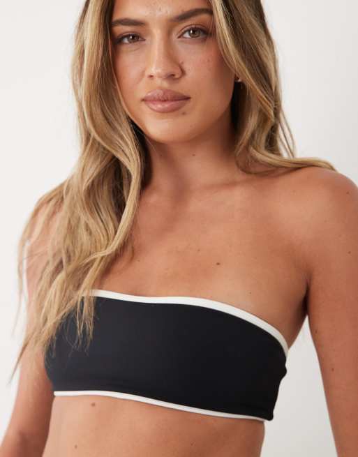 Bo+Tee soft active contrast detail bandeau sports bra in black, 2 of 4