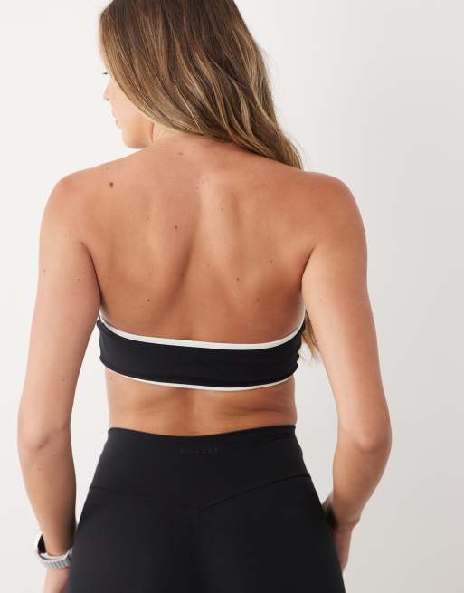 Bo+Tee soft active contrast detail bandeau sports bra in black, 4 of 4