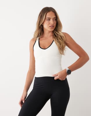 Bo+Tee soft active contrast hem longline v-neck tank top in white