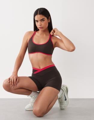 Bo+tee Soft Active Cross Back Contrast Trim Sports Bra In Brown