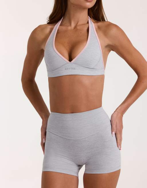 Bo+Tee soft active halter neck plunge contrast trim sports bra in grey marl , 4 of 4