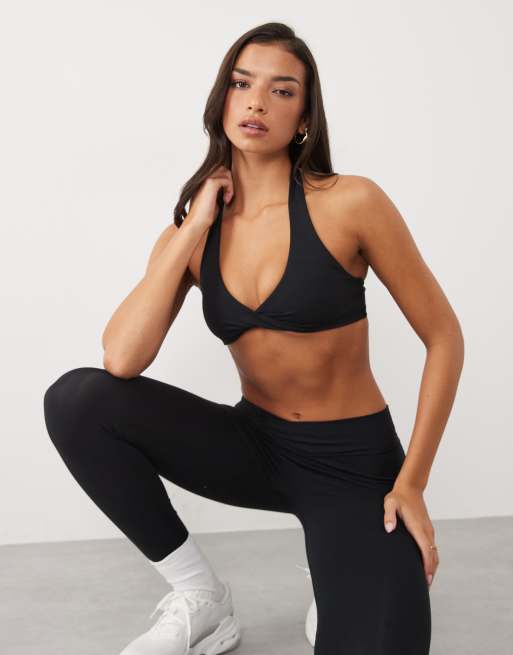 Bo+Tee soft active halter neck sports bra and cross over waistband legging co-ord in black, 3 of 3