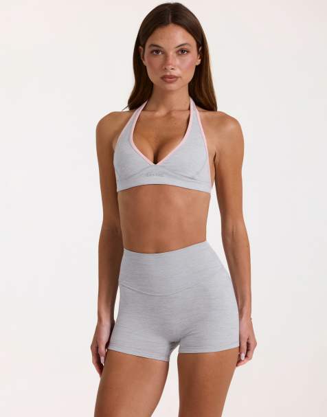 Bo+Tee Soft Active halterneck plunge contrast trim sports bra in gray heather - view 1