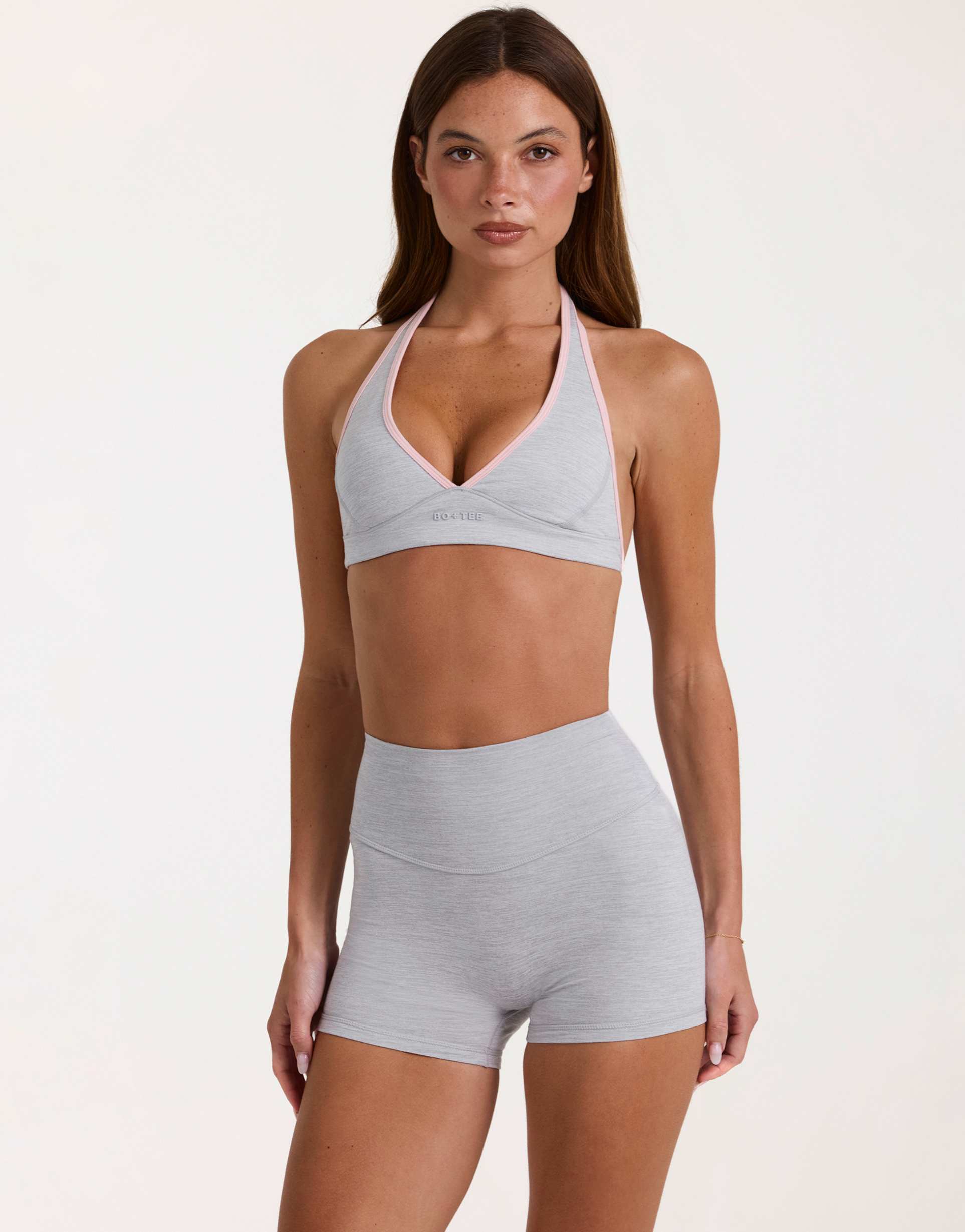bo+tee soft active halterneck plunge contrast trim sports bra in gray heather