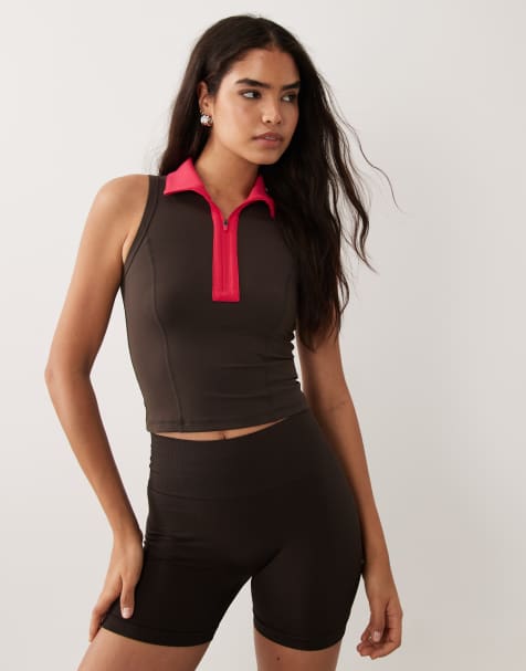 Bo+Tee soft active quarter zip top with contrast collar in chocolate - view 1