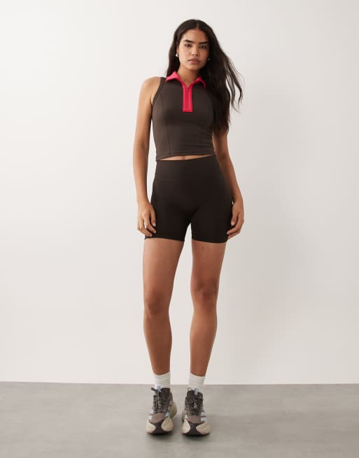 Bo+Tee soft active quarter zip top with contrast collar in chocolate, 2 of 4
