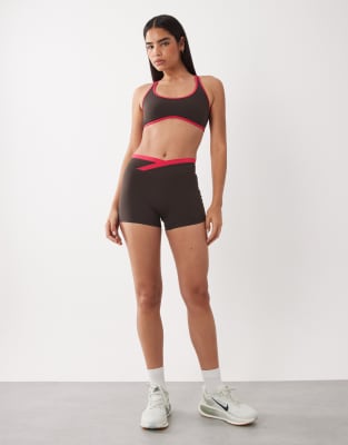Bo+tee Soft Active Wrap Waist Contrast Detail Short Co-ord In Brown