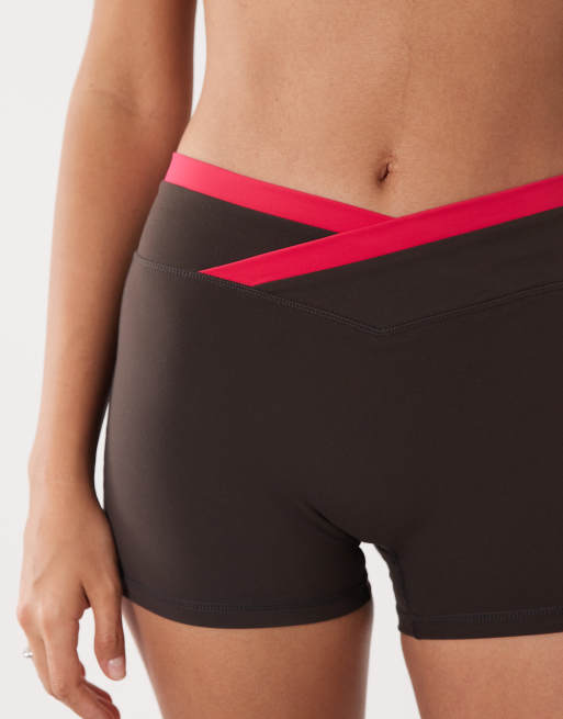 Bo+Tee soft active wrap waist contrast detail shorts in chocolate (part of a set), 5 of 5