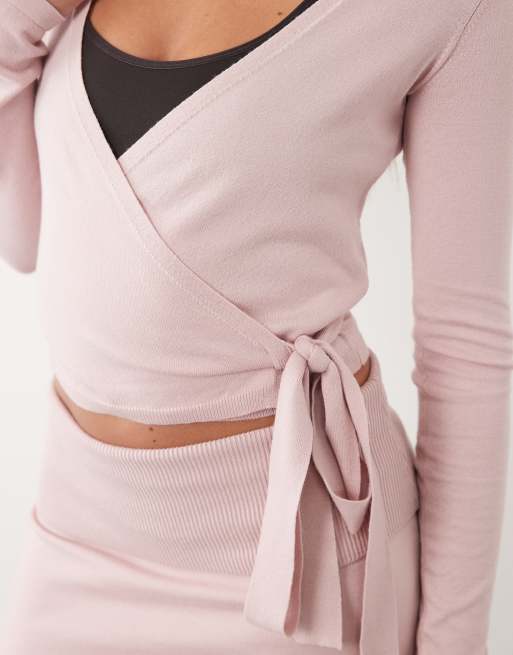 Bo+Tee soft knit V-neck tie detail wrap ballet top in soft pink - part of a set, 4 of 4