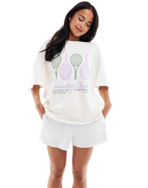 Bo+Tee tennis logo relaxed t-shirt in ivory - view 1