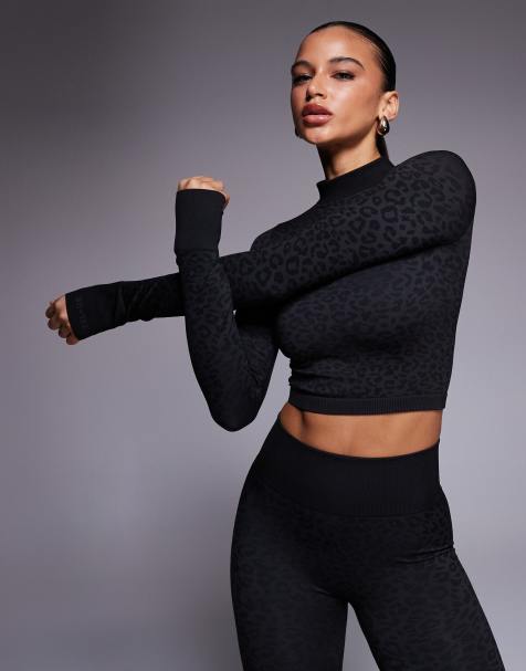 Bo+Tee thermal seamless high neck long sleeve top in black leopard - view 1