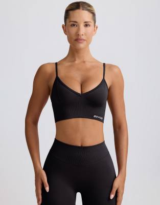 Bo+Tee v-neck define seamless cami sports bra co-ord in black-Pink
