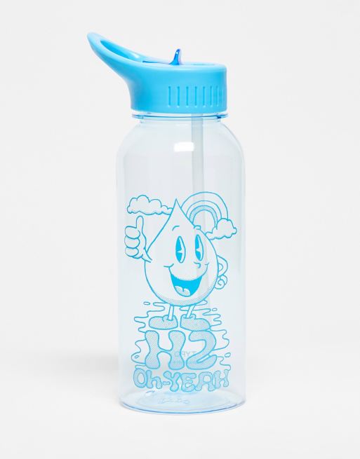Botella de agua azul de 1 litro con texto 
