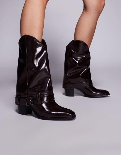 Public Desire Diego foldover mid ankle boots in burgundy