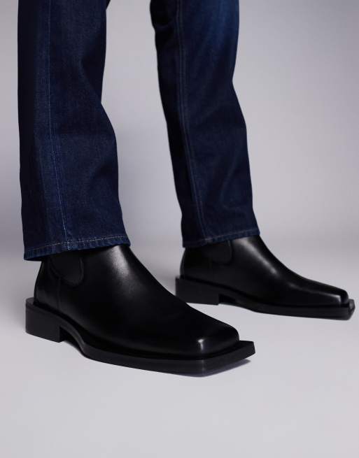 Botines Chelsea negros con tacón y puntera cuadrada de cuero de ASOS DESIGN