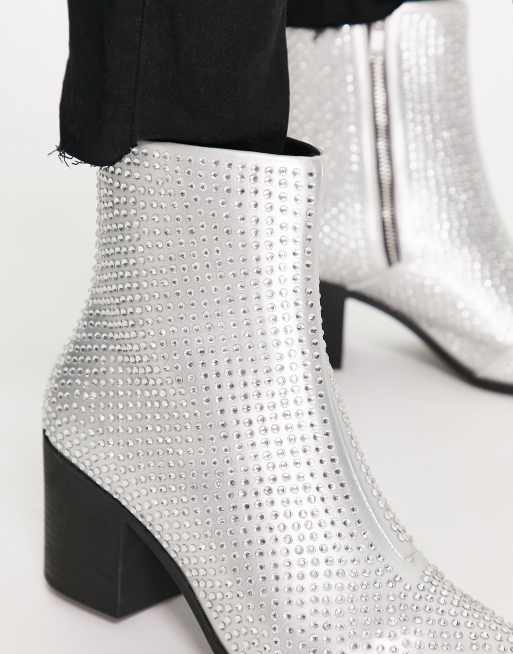 Botines Chelsea plateados con tacón y tachuelas de strass ASOS | ASOS