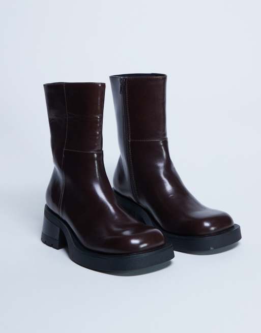 Topshop Nina chunky heel ankle boots in chocolate