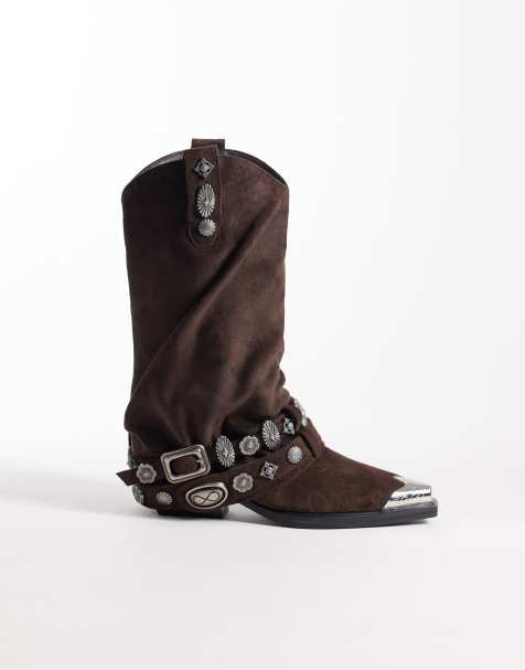 Botines marrones de estilo wéstern de caña holgada de ante con abalorios Ashraf de Azalea Wang - view 1
