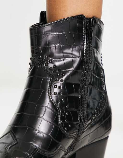 Botines negros de efecto cocodrilo estilo wéstern de Glamorous, 4 de 4