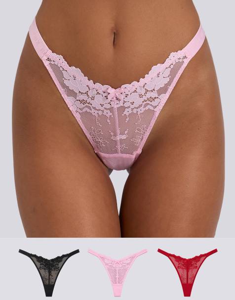 Boux Avenue 3 pack fran lace thongs tanga style high leg underwear in black mix - view 1