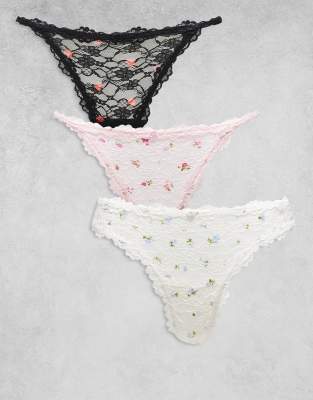 Boux Avenue 3-pack High Leg All-over Lace Thongs In Multi