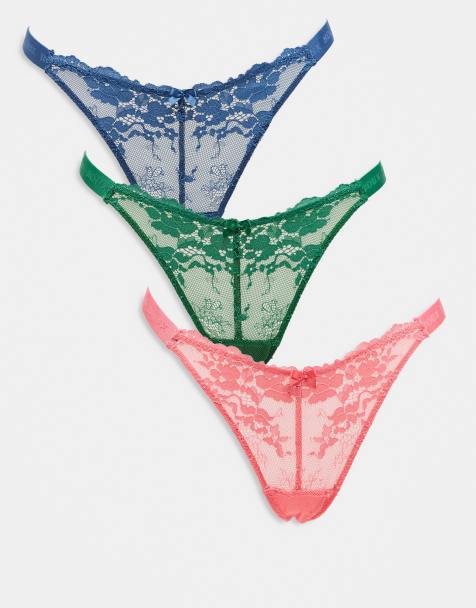 Boux Avenue 3-pack high leg lace thongs in green, blue and coral - view 1