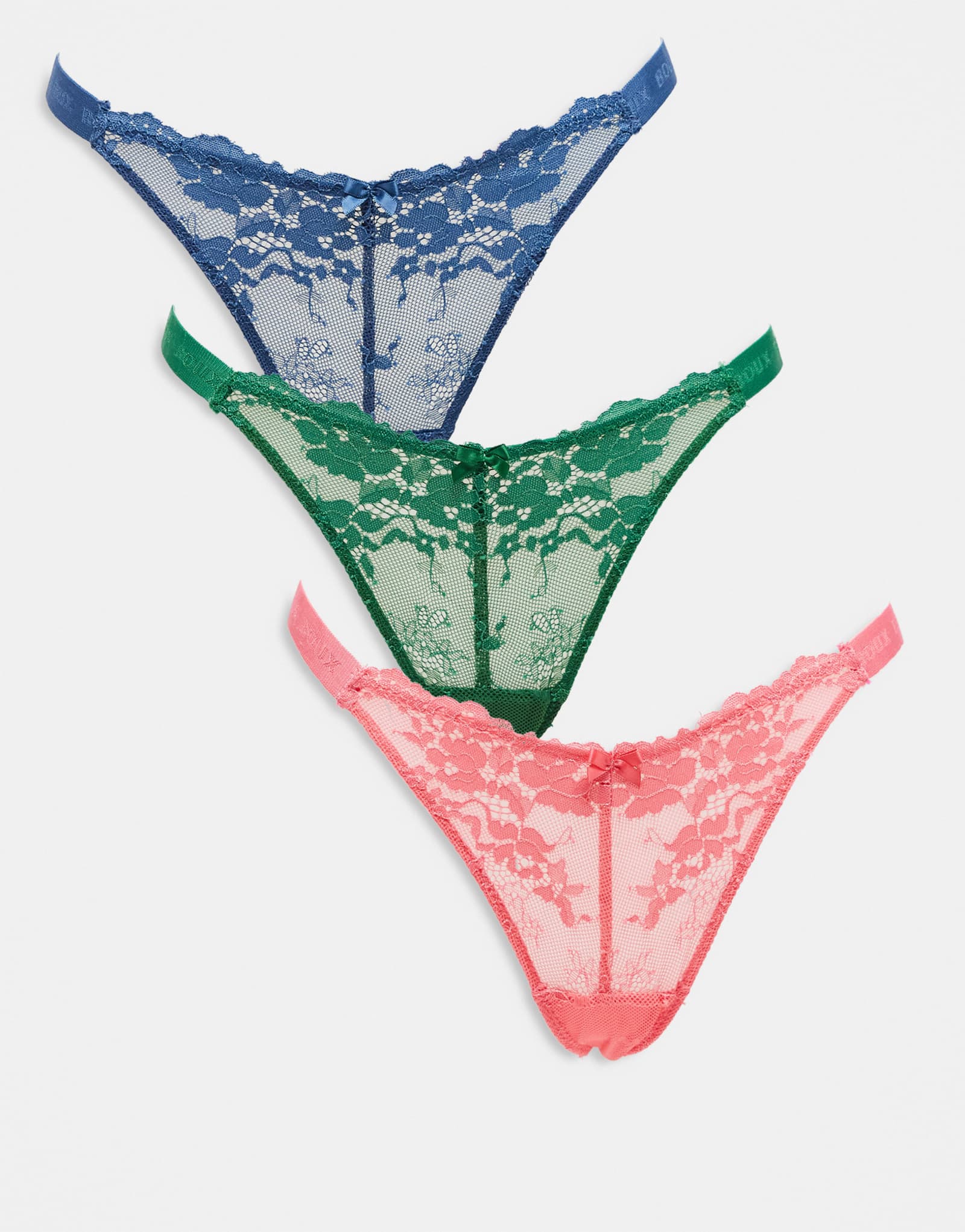 Boux Avenue - 3 комплекта кружевных стрингов с высокими штанинами зеленого, синего и кораллового цветов