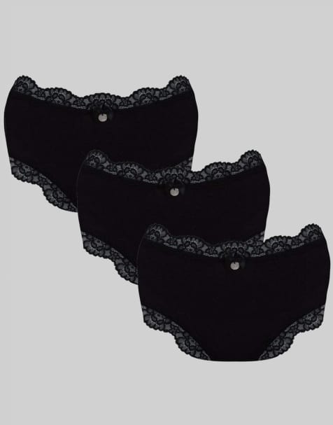 Boux Avenue 3 pack tatiana plain shorts floral lace trim underwear in black - view 1