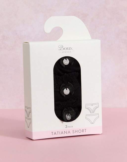 Boux Avenue 3 pack tatiana plain shorts floral lace trim underwear in black, 2 of 6