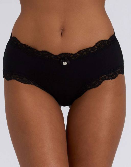 Boux Avenue 3 pack tatiana plain shorts floral lace trim underwear in black, 4 of 6