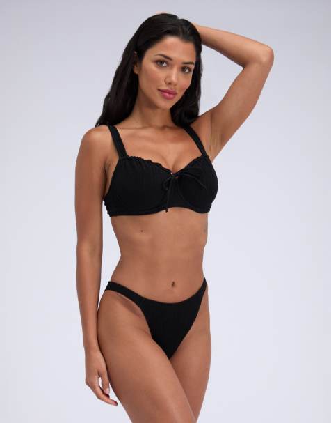 Boux Avenue Amalfi crinkle ruched neckline wired balconette bikini top in black - view 1