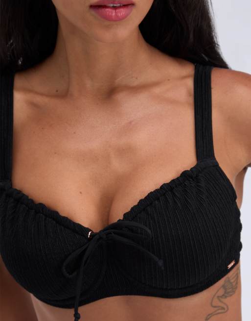Boux Avenue Amalfi crinkle ruched neckline wired balconette bikini top in black, 3 of 4
