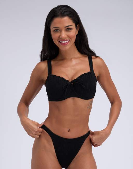 Boux Avenue Amalfi crinkle ruched neckline wired balconette bikini top in black, 4 of 4