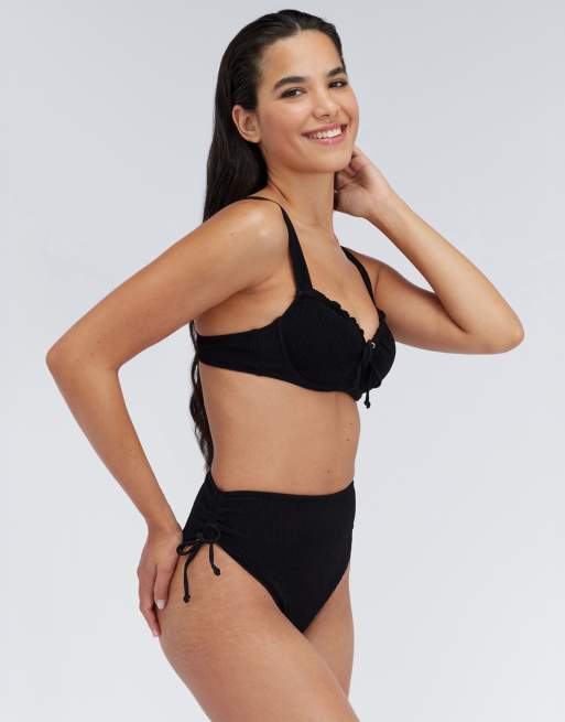 Boux Avenue Amalfi crinkle tie side high waisted bikini bottoms in black, 4 of 5