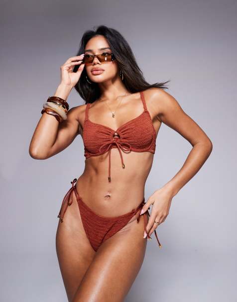 Boux Avenue amalfi stripe texture balcontte underwire bikini top in rust - view 1