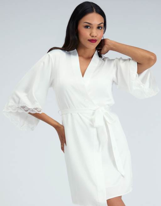 Boux Avenue Amelia matte satin short robe lace trim comfy nightwear in ivory, 4 of 4