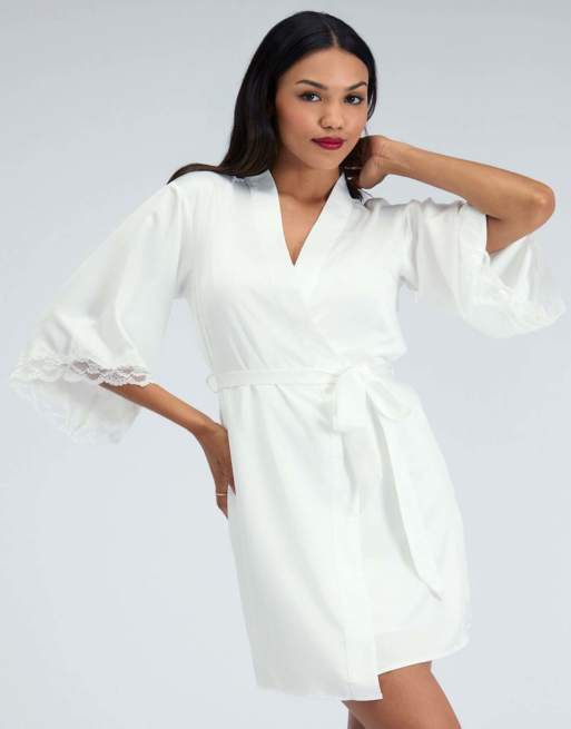 Boux Avenue Amelia matte satin short robe lace trim comfy nightwear in ivory, 5 of 6