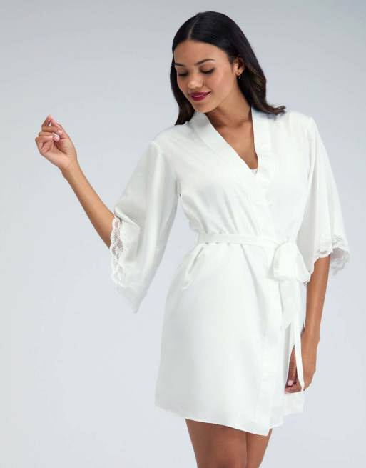 Boux Avenue Amelia matte satin short robe lace trim comfy nightwear in ivory, 6 of 6