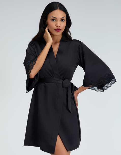 Boux Avenue Amelia matte satin short robe lace trim self tie nightwear in black - view 1