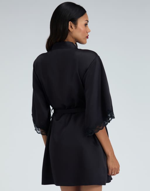 Boux Avenue Amelia matte satin short robe lace trim self tie nightwear in black, 2 of 6