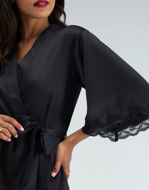 Boux Avenue Amelia matte satin short robe lace trim self tie nightwear in black, 3 of 6